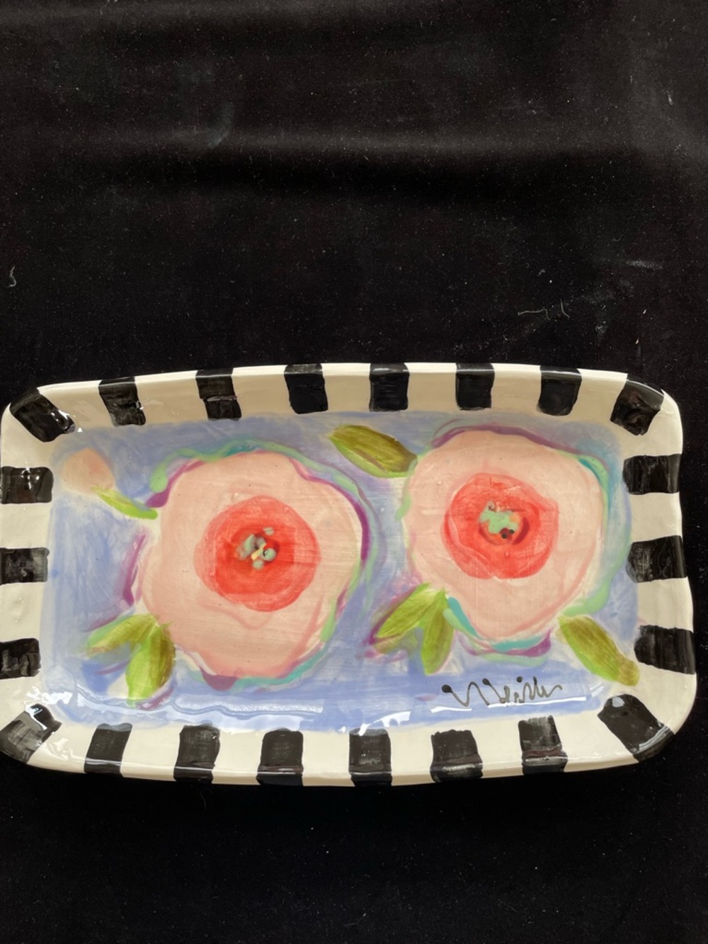 Bella Flowers On Periwinkle Handmade Ceramic Platter11.5”x7”